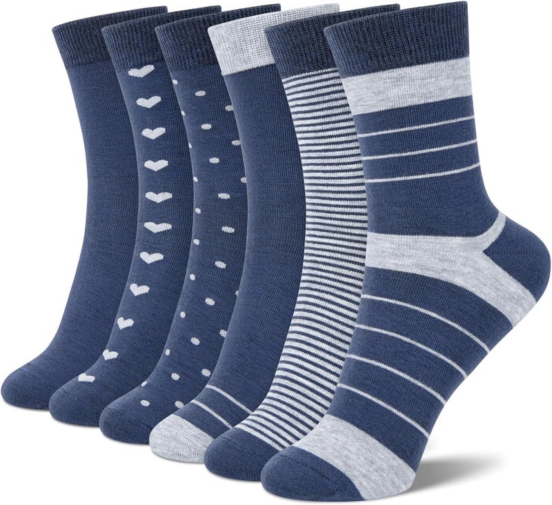 Socksfad Store 6 Pairs Cotton Crew Socks for Women, Breathable Novelty Funny Striped Dot Casual Cute Calf Socks Size 6-12 - Image 1